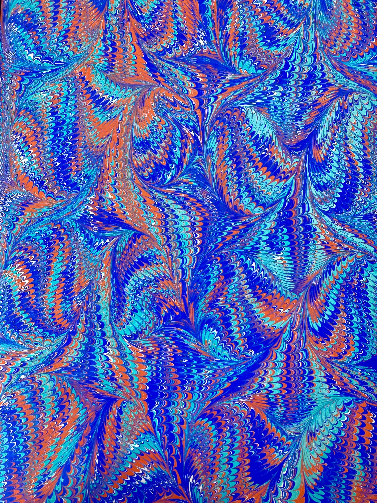 Ultramarine Turquoise and Orange Feathered Hand Marbled Paper