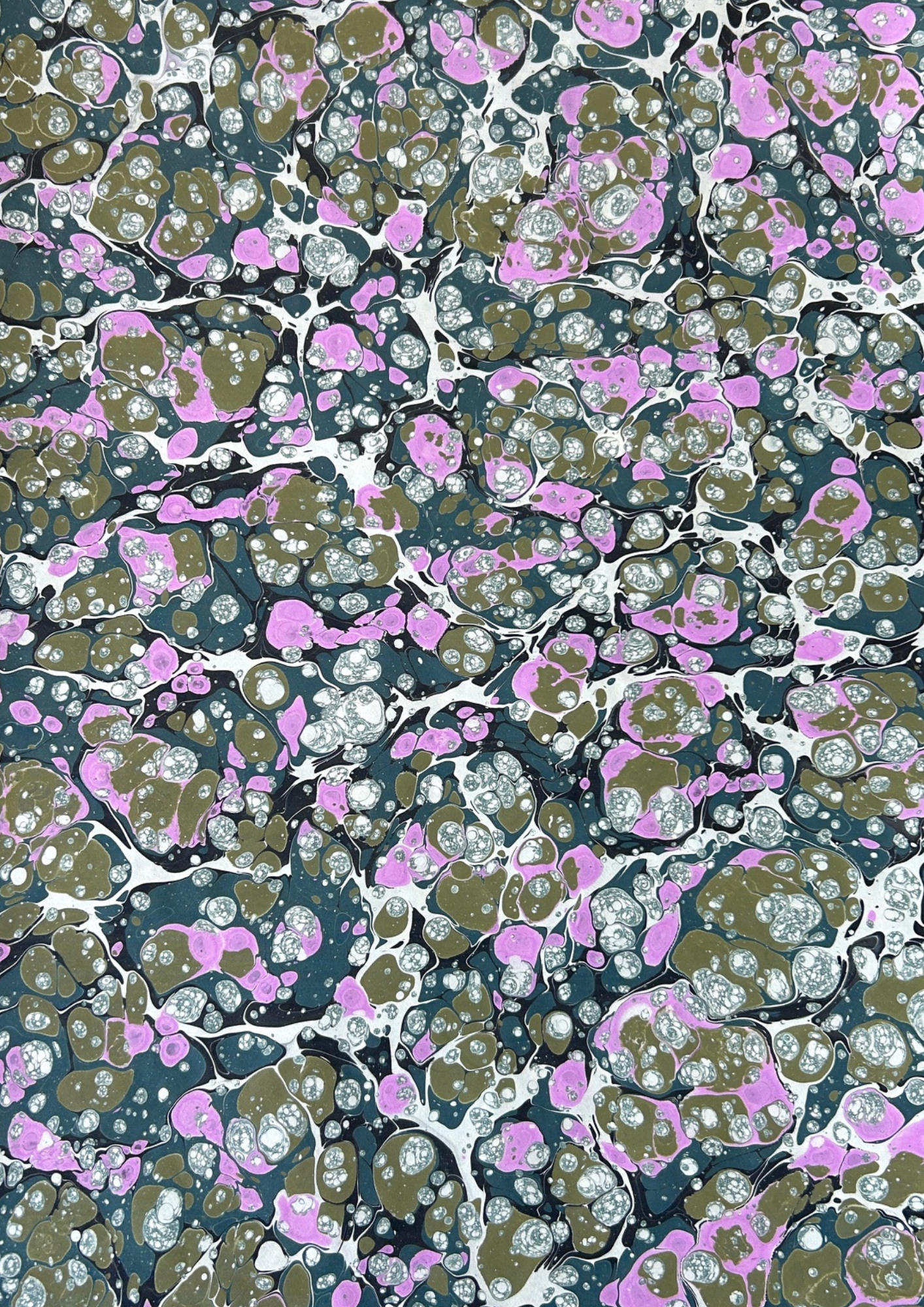 Pink Teal Taupe Black Stone Hand Marbled Paper