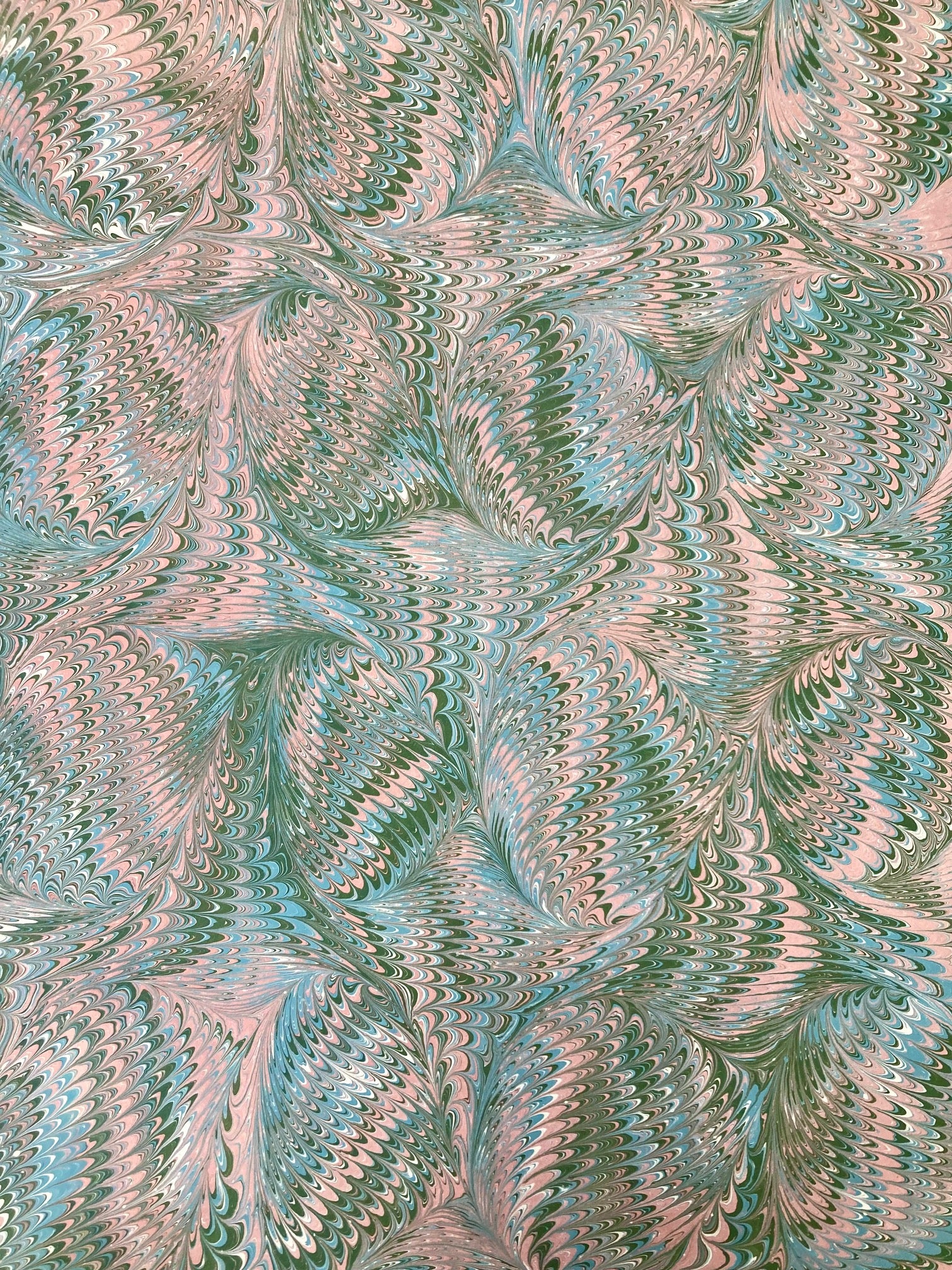 Green Pink Blue Feathered Hand Marbled Paper