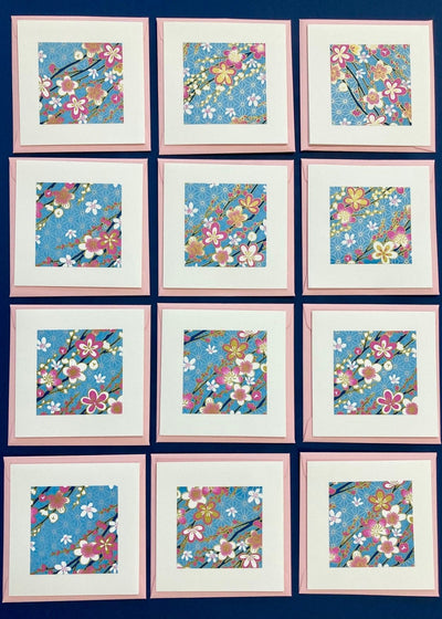 Hana Blossom Square Cards Pink on Blue - Liberties Papers